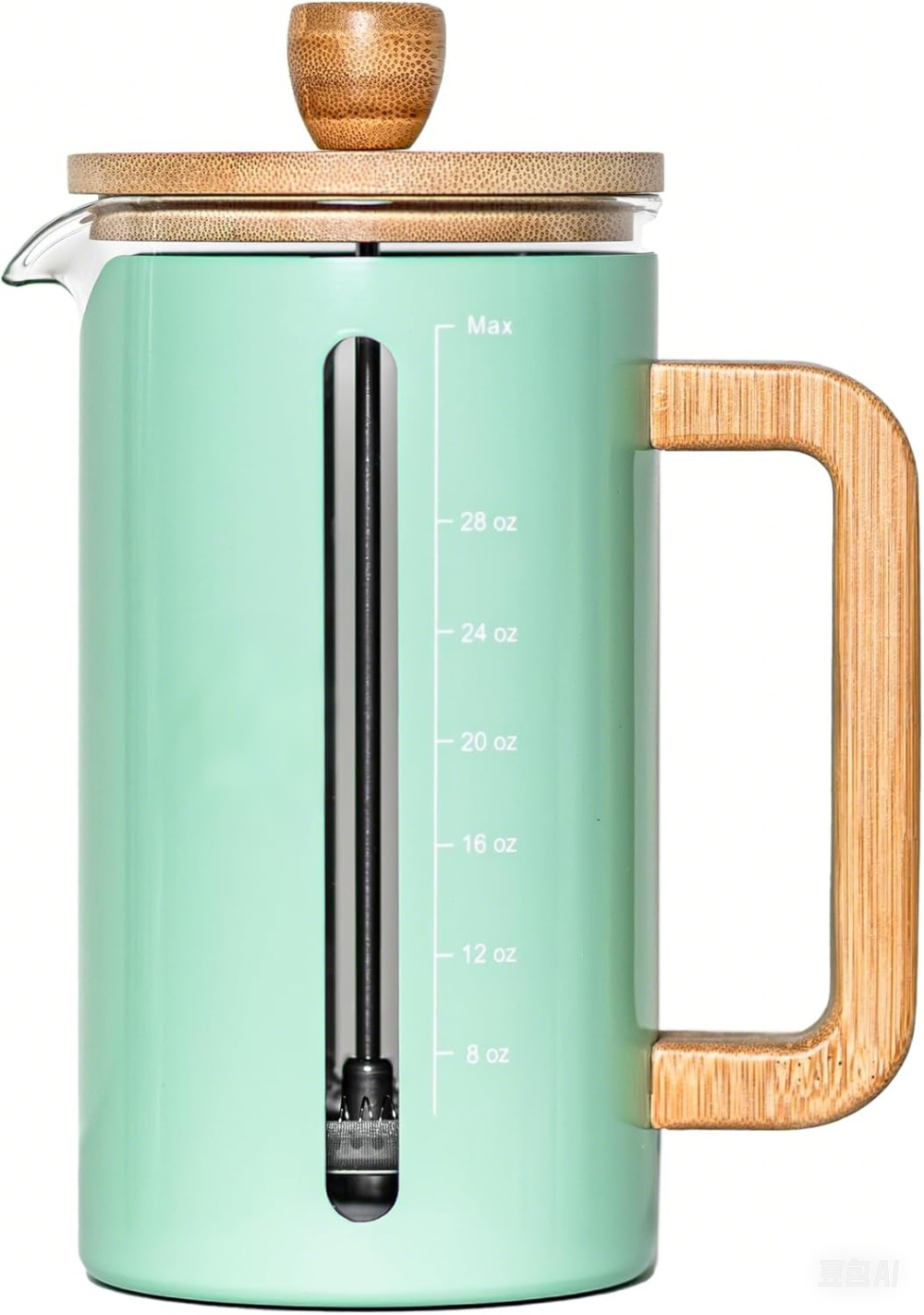 Wood handle and lid French press with borosilicate glass